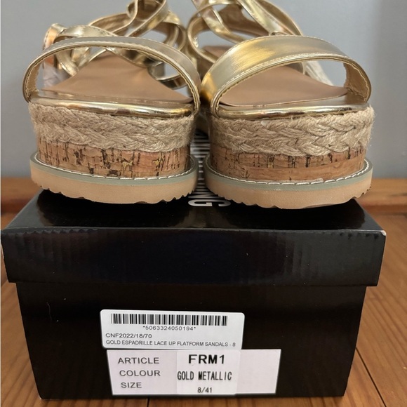 Gold Metallic Cork Platform Sandals Tie Strappy PrettyLittleThing Size 10 - Picture 11 of 12